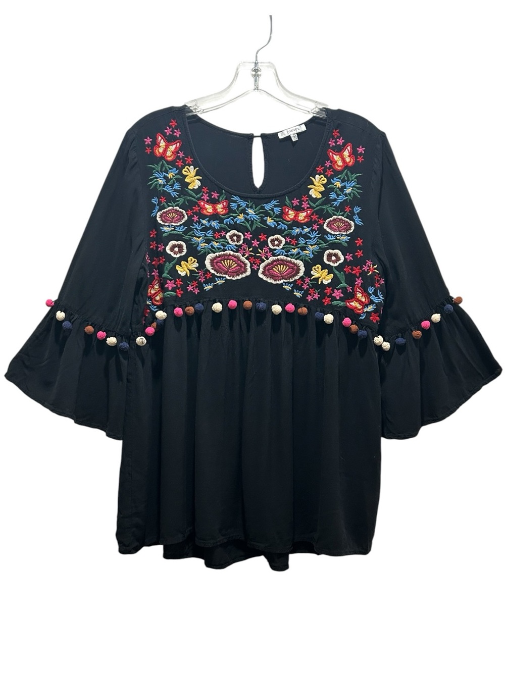 Jodifl Black Boho Top w/ Floral Embroidery & Pom Poms, 3/4 Bell Sleeves - Medium